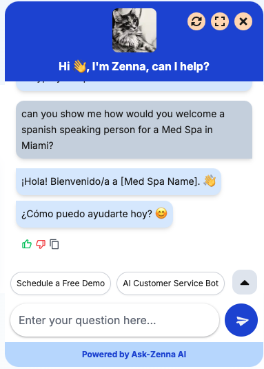 Zenna Spanish response for Med Spa in Miami