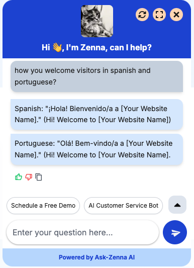 AskZenna AI Chatbot for Website welcoming visitors in Spanish and Portuguese with automated multilingual greetings.