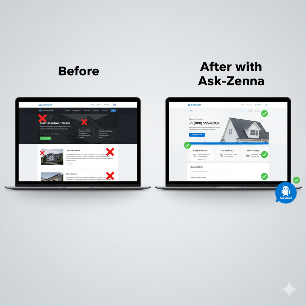 Roofing site before and after, generic page vs contact focused page