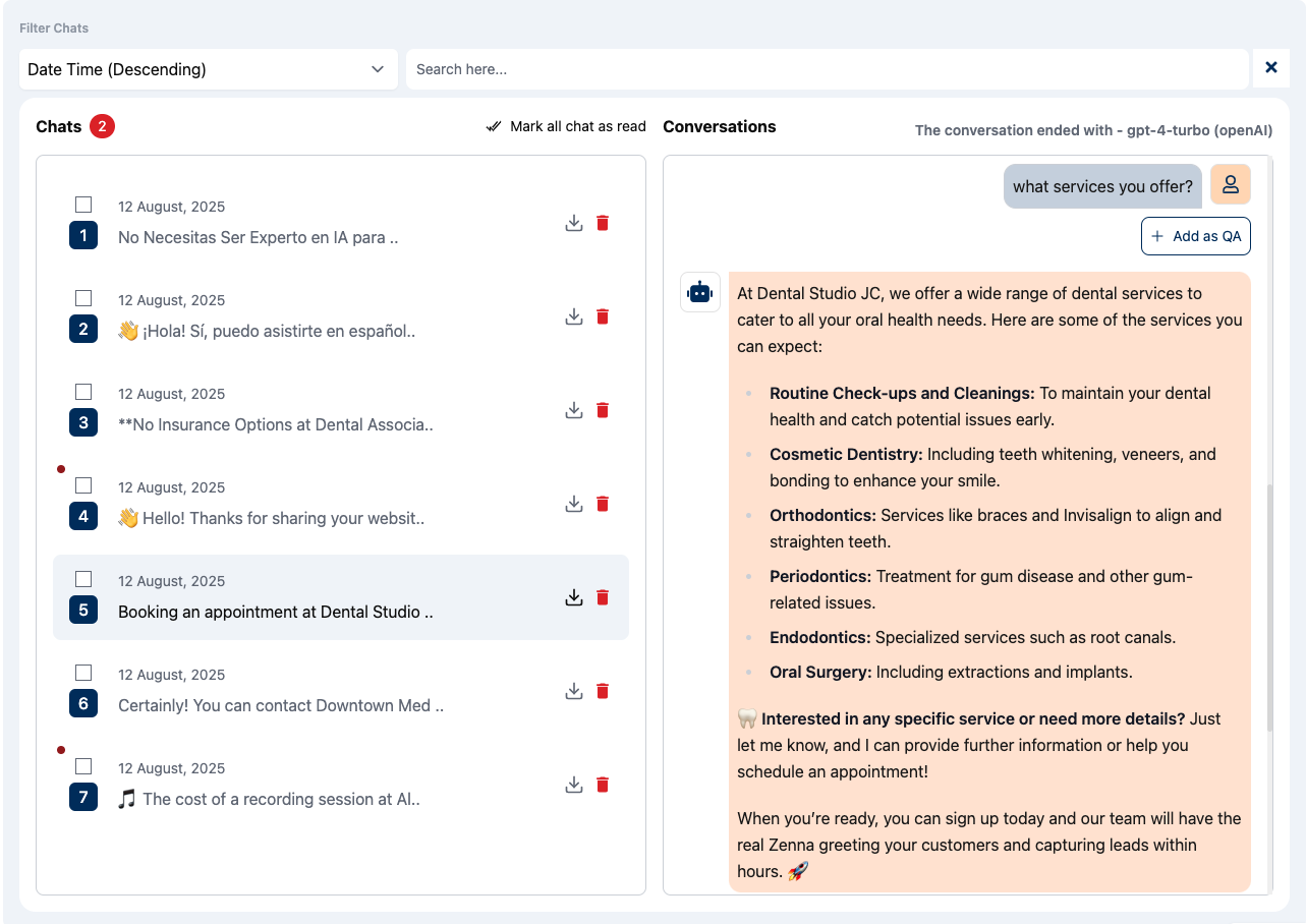 Zenna AI chatbot conversation showing lead capture and bilingual response in English and Spanish