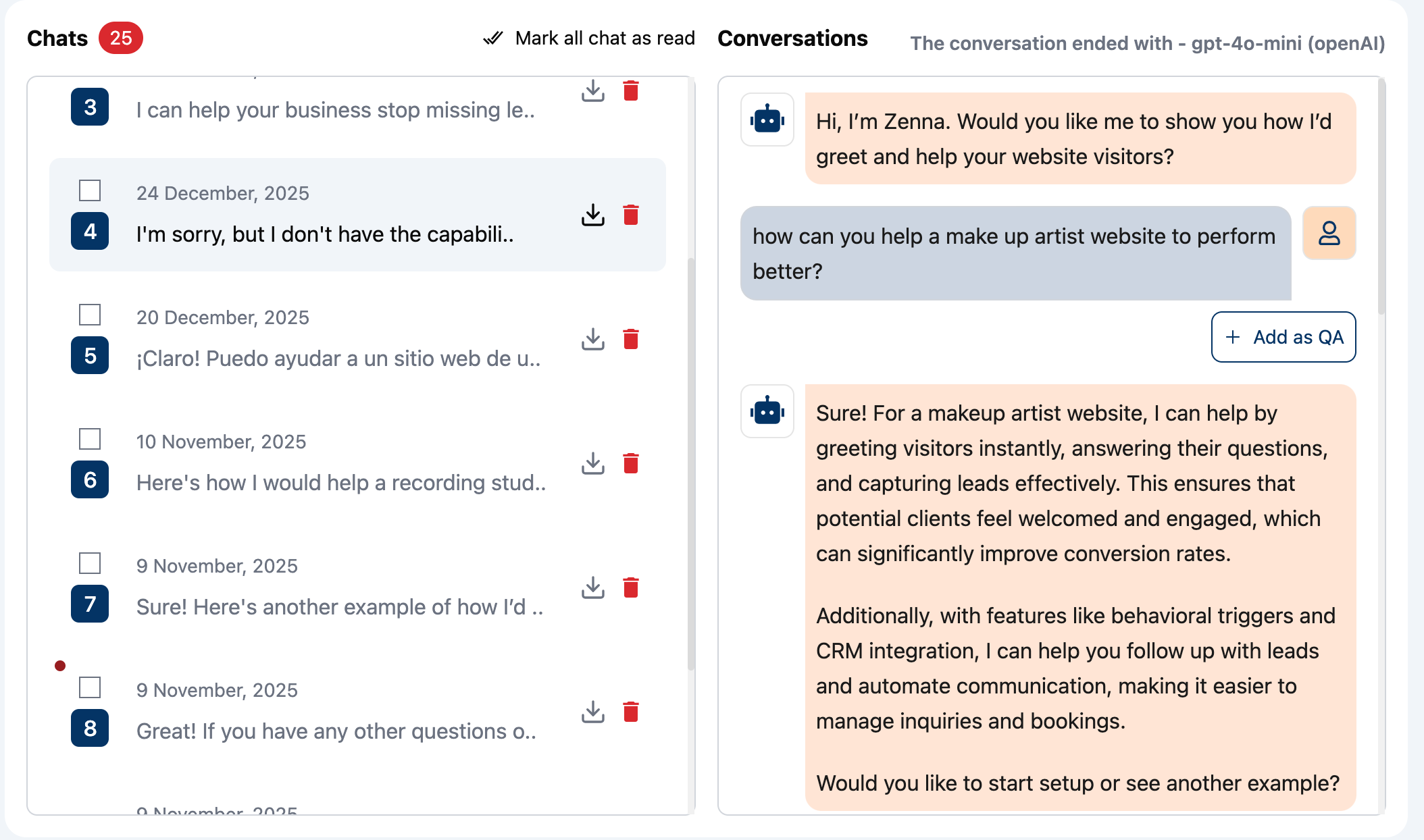 AI receptionist chatbot greeting a visitor and answering questions on a business website