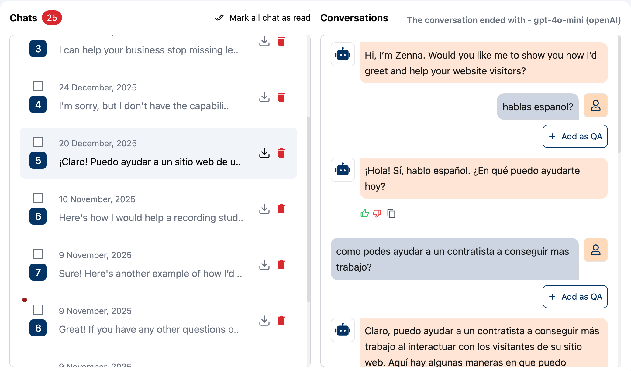 AI receptionist chatbot responding to a website visitor in Spanish