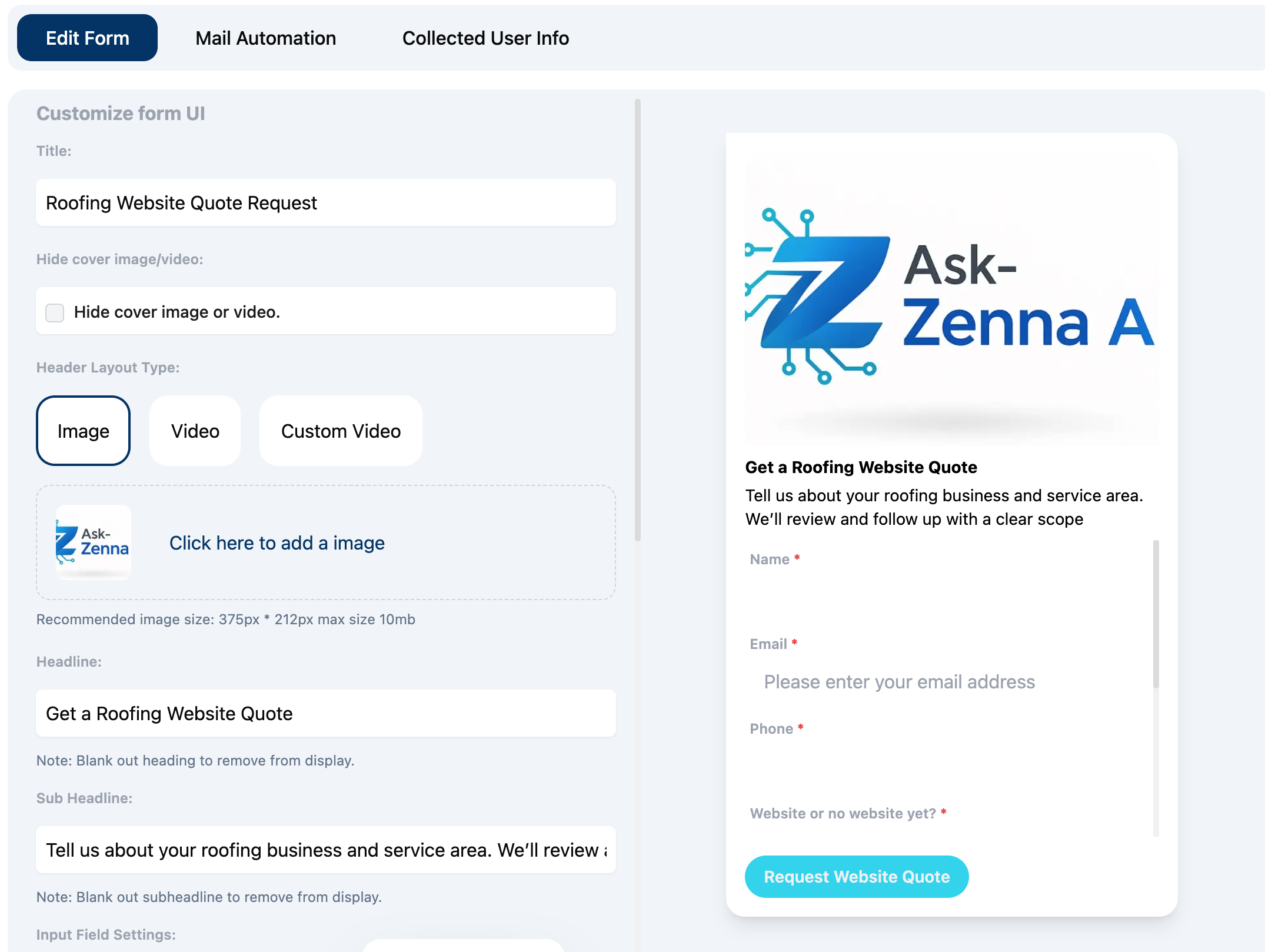 AI chatbot lead capture form collecting name email and phone number